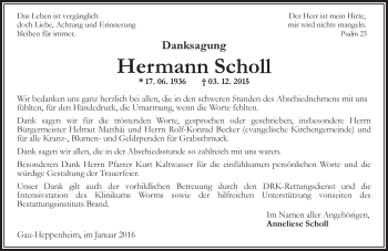 Traueranzeige von Hermann Scholl von  Wormser Zeitung