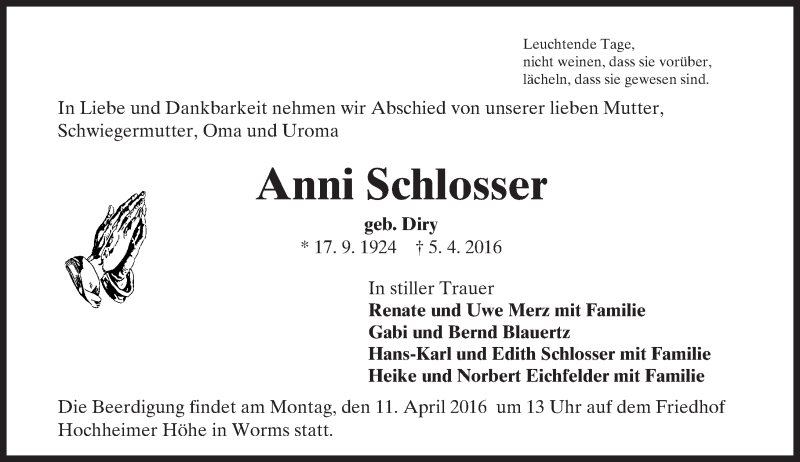  Traueranzeige für Anni Schlosser vom 08.04.2016 aus  Wormser Zeitung