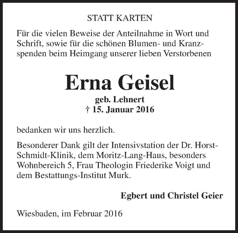  Traueranzeige für Erna Geisel vom 06.02.2016 aus  Wiesbaden komplett