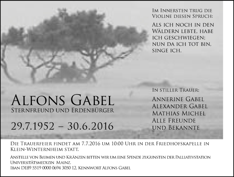  Traueranzeige für Alfons Gabel vom 04.07.2016 aus Trauerportal Rhein Main Presse