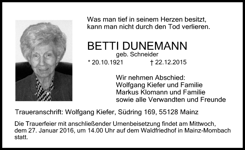 Traueranzeige für Betti Dunemann vom 16.01.2016 aus  Allgemeine Zeitung Mainz