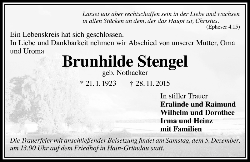  Traueranzeige für Brunhilde Stengel vom 02.12.2015 aus  GT Extra