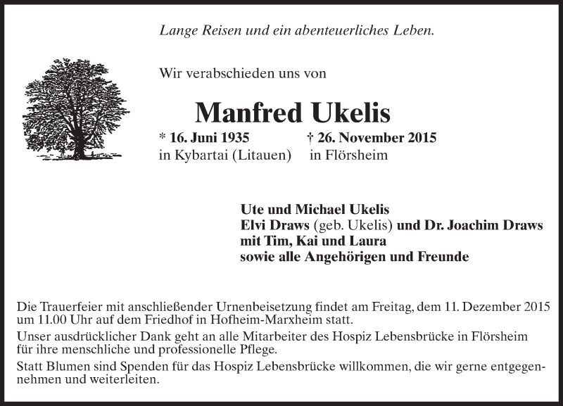  Traueranzeige für Manfred Ukelis vom 04.12.2015 aus  Hofheimer Zeitung