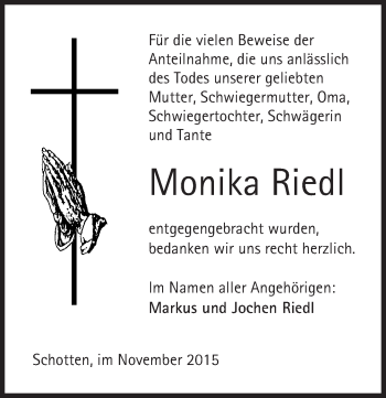 Traueranzeige von Monika Riedl von  Sonntags Anzeiger