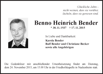 Traueranzeige von Benno Heinrich Bender von  Landskrone
