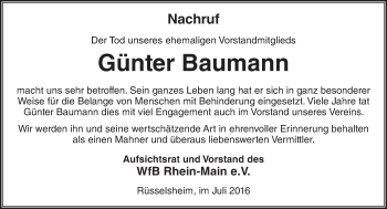 Traueranzeige von Günter Baumann von Trauerportal Rhein Main Presse