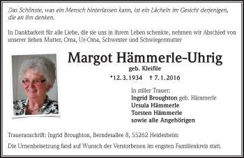 Traueranzeige von Margot Hämmerle-Uhrig von  Allgemeine  Zeitung Ingelheim-Bingen