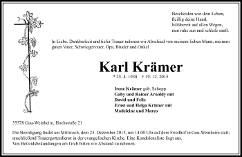 Traueranzeige von Karl Krämer von  Allgemeine Zeitung Alzey