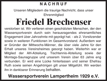 Traueranzeige von Friedel Brechenser von  Bürstädter Zeitung