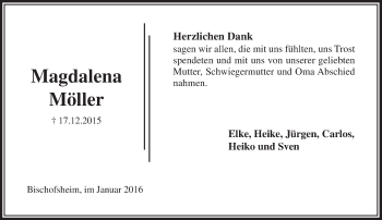 Traueranzeige von Magdalena Möller von  Allgemeine Zeitung Mainz
