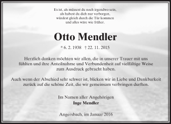 Traueranzeige von Otto Mendler von  OK Oberhessen Kurier