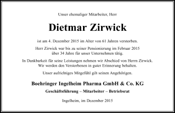 Traueranzeige von Dietmar Zirwick von  Allgemeine  Zeitung Ingelheim-Bingen
