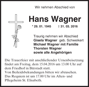 Traueranzeige von Hans Wagner von  Bürstädter Zeitung
