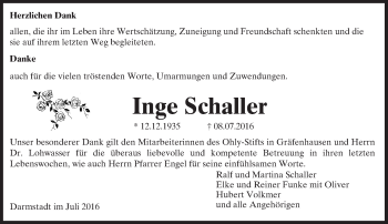 Traueranzeige von Inge Schaller von Trauerportal Echo Online