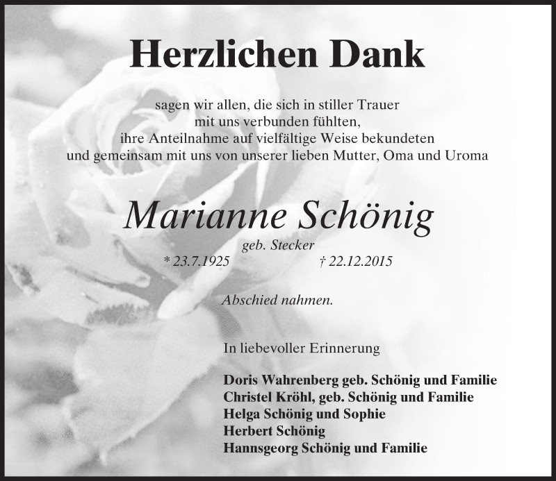  Traueranzeige für Marianne Schönig vom 23.01.2016 aus  Allgemeine Zeitung Mainz