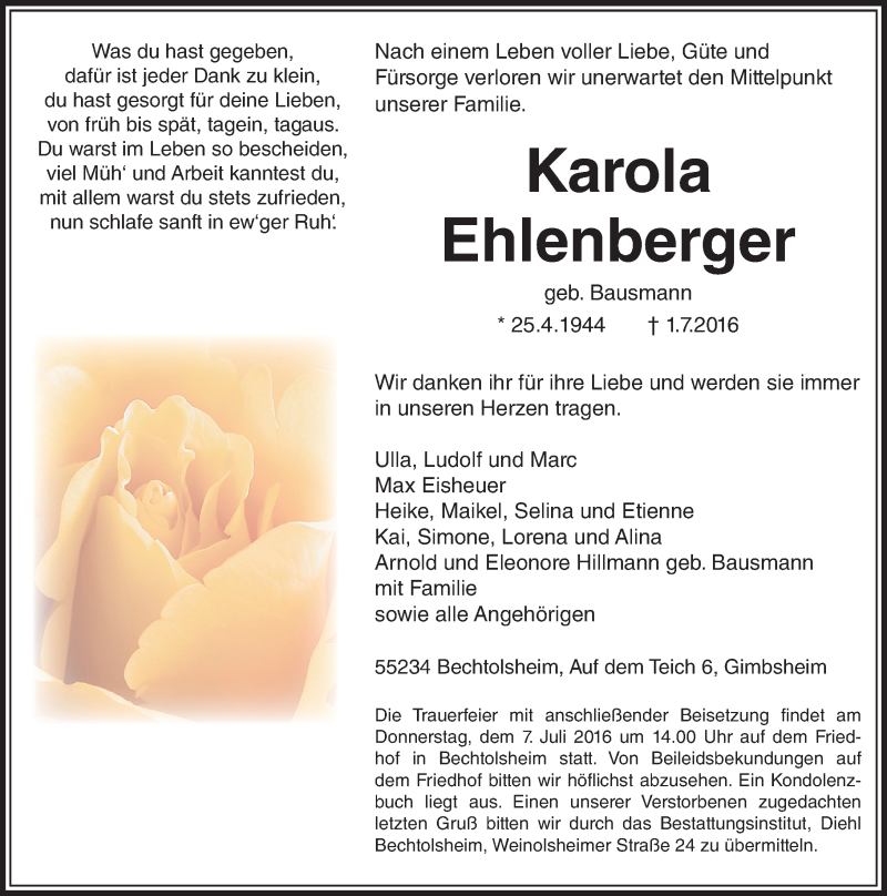  Traueranzeige für Karola Ehlenberger vom 04.07.2016 aus Trauerportal Rhein Main Presse