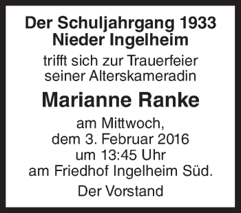 Traueranzeige von Marianne Ranke von  Allgemeine  Zeitung Ingelheim-Bingen