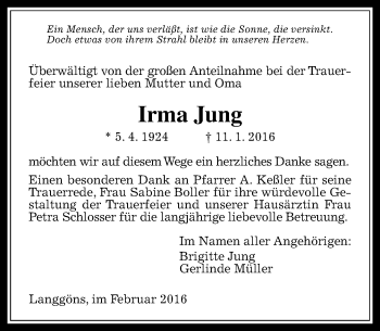Traueranzeige von Irma Jung von  Gießener Anzeiger