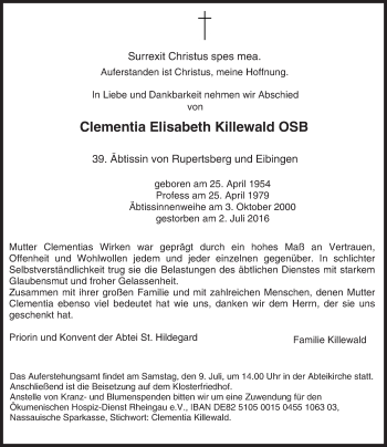 Traueranzeige von Clementia Elisabeth Killewald von Trauerportal Rhein Main Presse
