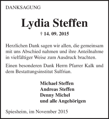 Traueranzeige von Lydia Steffen von  Allgemeine Zeitung Alzey