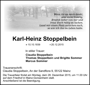 Traueranzeige von Karl-Heinz Stoppelbein von  Allgemeine Zeitung Mainz