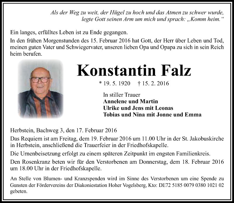  Traueranzeige für Konstantin Falz vom 17.02.2016 aus VRM Trauer