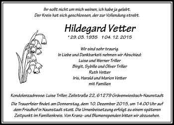Traueranzeige von Hildegard Vetter von  Usinger Anzeiger