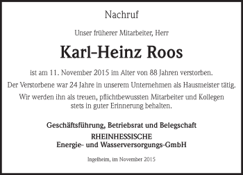 Traueranzeige von Karl-Heinz Roos von  Allgemeine  Zeitung Ingelheim-Bingen