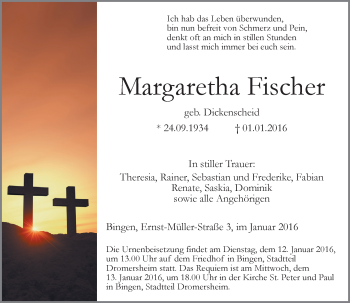 Traueranzeige von Margaretha Fischer von  Allgemeine  Zeitung Ingelheim-Bingen