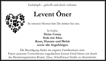 Traueranzeige von Levent Öner von  Allgemeine Zeitung Alzey