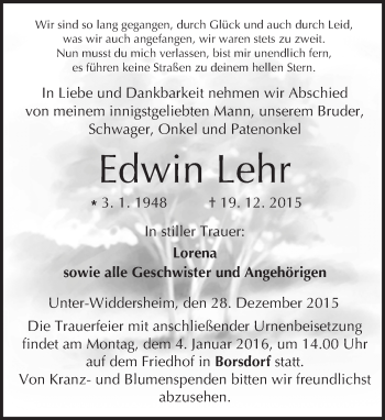 Traueranzeige von Edwin Lehr von  Kreisanzeiger