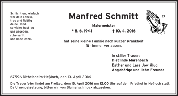 Traueranzeige von Manfred Schmitt von  Wormser Zeitung