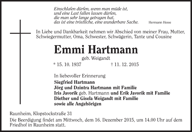  Traueranzeige für Emmi Hartmann vom 14.12.2015 aus  Mainspitze