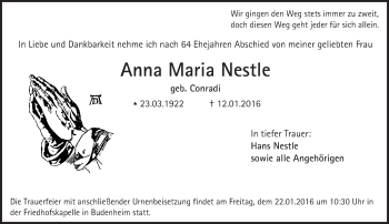 Traueranzeige von Anna Maria Nestle von  Allgemeine Zeitung Mainz