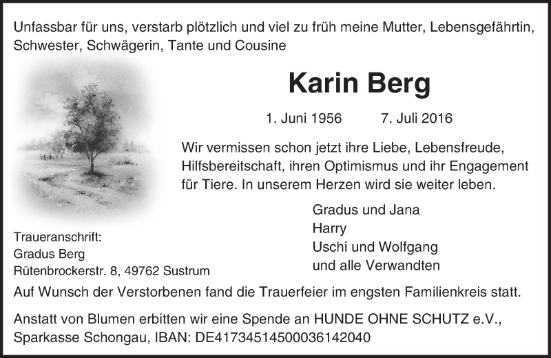  Traueranzeige für Karin Berg vom 16.07.2016 aus Trauerportal Echo Online