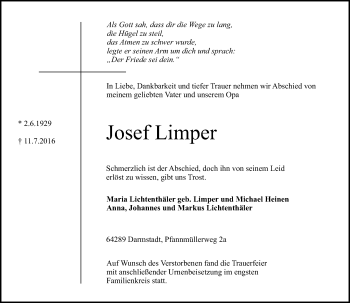 Traueranzeige von Josef Limper von Trauerportal Echo Online