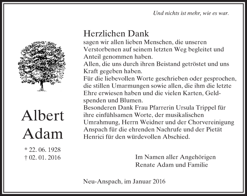  Traueranzeige für Albert Adam vom 23.01.2016 aus  Usinger Anzeiger