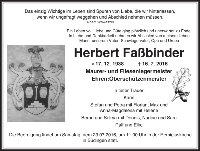 Traueranzeige für Herbert Faßbinder vom 20.07.2016 aus  Kreisanzeiger