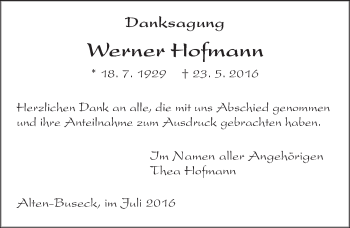 Traueranzeige von Werner Hofmann von  Gießener Anzeiger