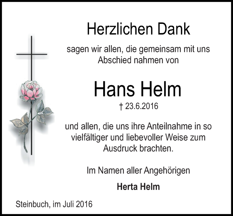  Traueranzeige für Hans Helm vom 30.07.2016 aus Trauerportal Echo Online