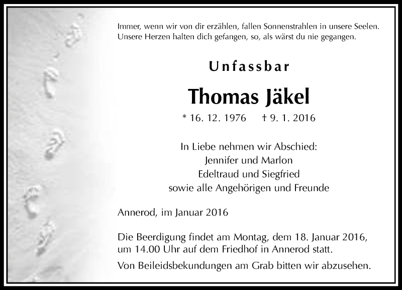  Traueranzeige für Thomas Jäkel vom 14.01.2016 aus  Gießener Anzeiger