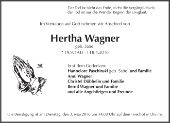 Traueranzeige von Hertha Wagner von  Wiesbaden komplett