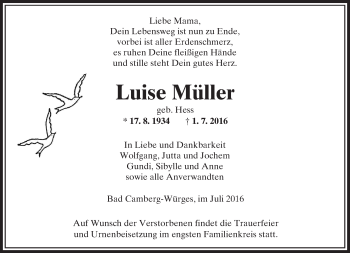 Traueranzeige von Luise Müller von  Camberger Anzeiger