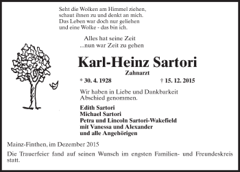 Traueranzeige von Karl-Heinz Sartori von  Allgemeine Zeitung Mainz