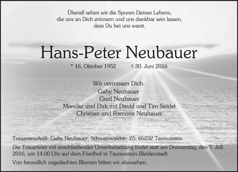  Traueranzeige für Hans-Peter Neubauer vom 04.07.2016 aus Trauerportal Rhein Main Presse
