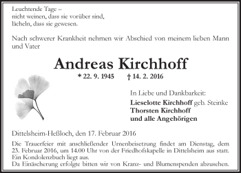 Traueranzeige von Andreas Kirchhoff von  Wormser Zeitung