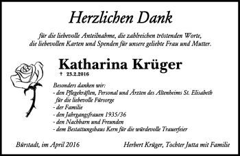 Traueranzeige von Katharina Krüger von  Bürstädter Zeitung