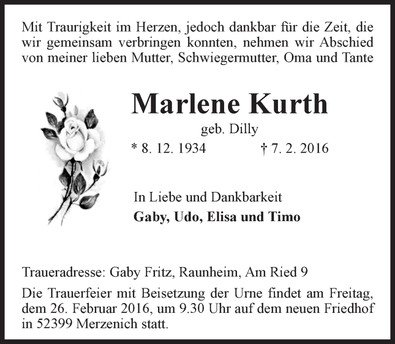  Traueranzeige für Marlene Kurth vom 12.02.2016 aus  Mainspitze