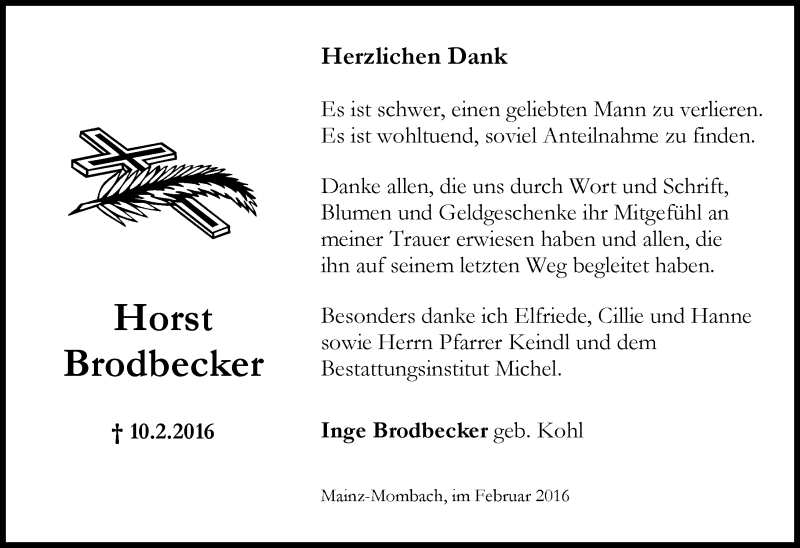  Traueranzeige für Horst Brodbecker vom 27.02.2016 aus  Allgemeine Zeitung Mainz