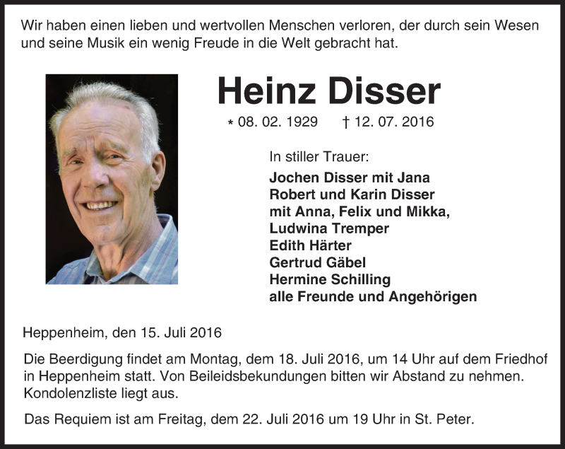  Traueranzeige für Heinz Disser vom 15.07.2016 aus Trauerportal Echo Online